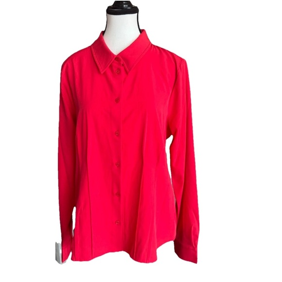 DKNY Button Down Blouse Shirt Red Coral Hue Long Sleeve Collared SZ L Office NWT - Picture 3 of 10